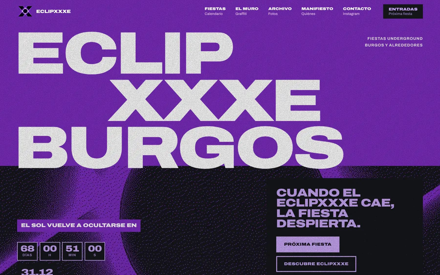 Página de inicio de ECLIPXXXE con el titular ECLIP XXXE BURGOS en letras enormes sobre morado y una cuenta atrás para la próxima fiesta