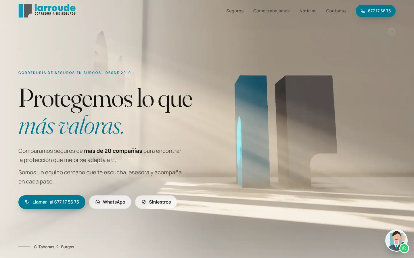 Portada de la propuesta de web de Larroude, con el titular Protegemos lo que más valoras sobre una imagen luminosa